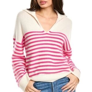 Maje Pink and Cream Striped V-Neck Sweater